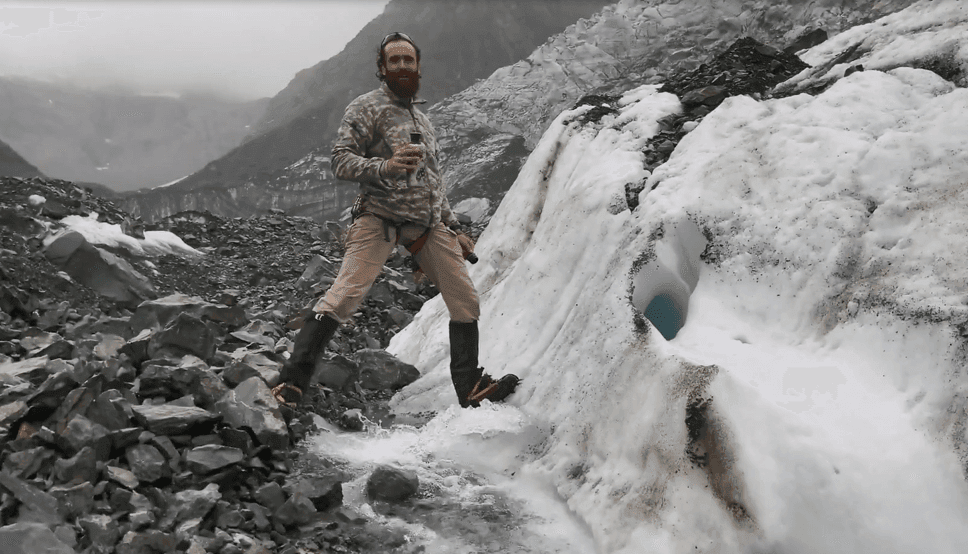 The Australian Viking on a glacier with black rocks